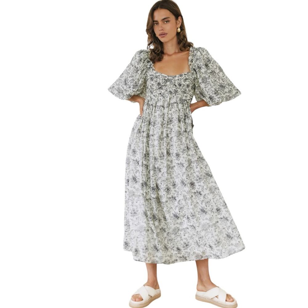 NWT Sofie‎ the Label Smocked Midi Dress Puff Sleeve Size M